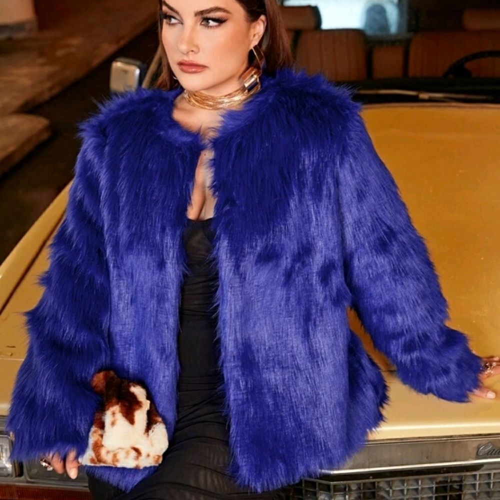 Plus Solid Open Front Fuzzy Coat - Picture 7 of 9